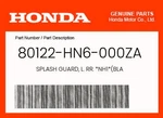 Honda Genuine Splash Guard, L. Rr. *NH1*(BLA 80122-HN6-000ZA. Fixed Price $44.04.
